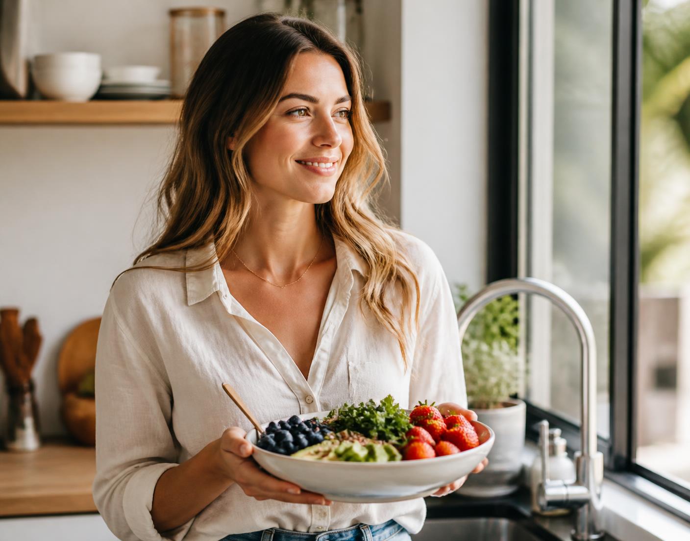 Woman holding a bowl of fresh fruit and greens in a sunlit kitchen